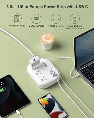 ROOTOMA 6 ft International Power Strip with 3 American Outlets & 3 USB Chargers – Essential US to EU Travel Adapter for Seamless Connectivity in Spain, France, Germany, Iceland – Compact & Durable Design for Travelers
