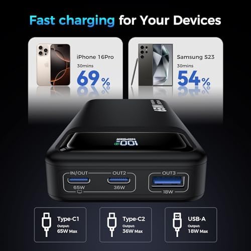 High-Capacity 26800 m Ah Portable Charger – 65 W PD3.0 Power Bank with Digital Display for Rapid Charging of Laptops, i Phones, i Pads, Steam Deck & More – Sleek Black Design for Ultimate Portability and Versatile Compatibility