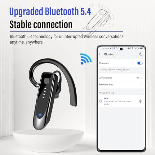 Atheewon Bluetooth Earpiece: Premium Wireless Headset with Advanced Noise-Cancellation | 20-Hour Talk Time & 180-Hour Standby for Ultimate Convenience | Perfectly Ergonomic Design in Modern Silver and White | Bluetooth 5.4 Technology for Reliable Connectivity | Ideal for Business Professionals, Truckers, and Drivers Seeking Crystal-Clear Communication