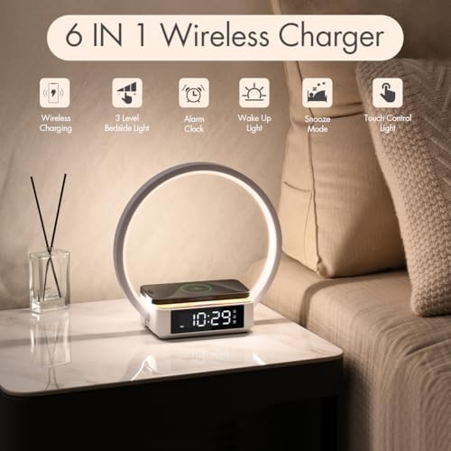 Revolutionize Your Sleep Routine with the SMARTERIOR 3-in-1 Wireless Charging Station: Multifunctional Bedside Lamp with Sunrise Alarm Clock and Touch Control, Ideal for Effortless Qi Charging of i Phone, Samsung, and Air Pods – Tailored Gift for Adults, Teens, and Heavy Sleepers