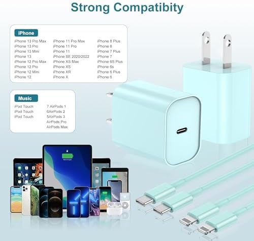 MFi Certified 20 W USB-C to Lightning Fast Charger for i Phone 14/13/12 – 6 FT Durable Cable & Power Delivery Block in Stylish Blue – Ultimate Solution for Rapid Charging of All Apple Devices Including i Pad Pro, XS, XR, 8 Plus – Optimized for Reliability and Speed