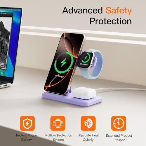 3-in-1 Wireless Charging Station for Apple Devices – 15 W Fast Charger Stand for i Phone 16/15/14/13/12/11, Apple Watch, and Air Pods – Convenient Portable Design with Enhanced Compatibility and Safety Features for Home and Travel – Perfect Gift for Tech Enthusiasts