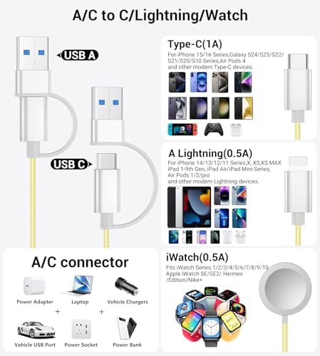 Temdan 3-in-2 USB C Charging Cable: Versatile Multi-Device Charger for Apple Watch Ultra, SE & i Phone 12-16 – Rapid Charge, Compact Travel Essential – Stylish Pink Smartwatch Accessory for On-the-Go Power Solutions