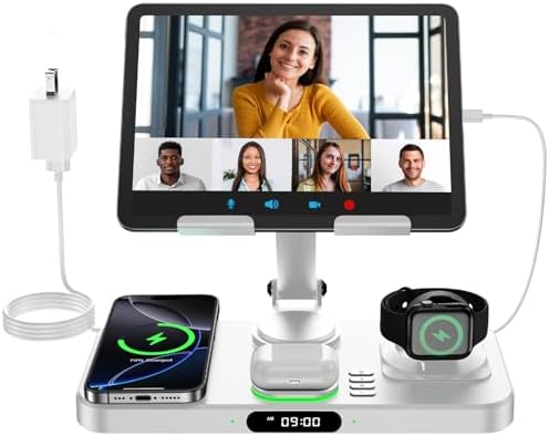 Revolutionary 6-in-1 Wireless Charging Station for Apple Devices – Multifunctional Hub with Clock Display and 7-Color Ambient Light, Foldable i Pad Stand, Compatible with i Phone 16/15/14 Series, Apple Watch 10/9, and Air Pods Pro – Fast, Safe, and Space-Saving Solution for the Apple Ecosystem