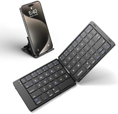 Samsers Portable Foldable Bluetooth Keyboard with Phone Holder – Rechargeable Multi-Device Compatible Wireless Keyboard for i Pad, i Phone, Mac Book, Android & Windows – Ideal Travel Companion for Efficient Typing