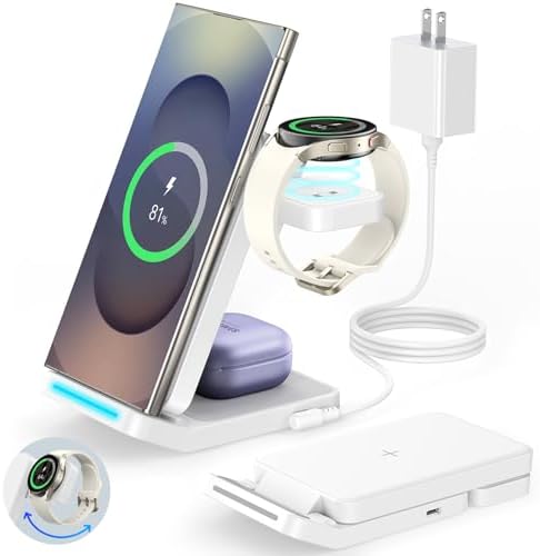 Revolutionary 3-in-1 Foldable Wireless Charging Station for Samsung Devices – Fast Charge Your Galaxy S25 Ultra, S24, S23, S22, Z Fold 7/6, Z Flip, Note & More – Rotatable Charger for Galaxy Watch & Buds – Stylish White Design for Home or Office Use – Maximize Efficiency with Enhanced Compatibility and Portability