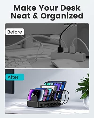 Ultimate 50 W Multi-Device Charging Station with 6 USB Ports & Cables – Space Gray Fast Charging Dock for i Phone, i Pad, Kindle, and More | Efficient Power Hub for Home, Office & Travel – Compact Design with Safety Features