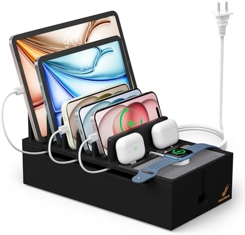 Pezin & Hulin Premium Cable Management Box – Multi-Device Charging Station with 5-Port Adapter & 6 Versatile Cables – Elegant Natural & Black Design for Seamless Organization and Clutter-Free Living – Ideal for Home Offices and Modern Spaces