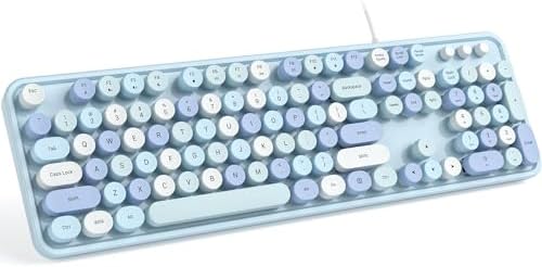Retro-Inspired Wired Keyboard with Round Keys – Stylish Dark Blue USB Typing Experience for PC & Laptop Users – Ergonomic Full-Size Design for Enhanced Comfort and Productivity – Perfect for Windows Compatibility and Nostalgic Aesthetics
