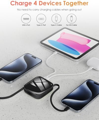Ultra-Compact 10,000 m Ah Portable Power Bank – 22.5 W Fast Charging with Built-in i OS & USB-C Cables, Sleek LED Display, Lightweight Travel Charger for i Phone, Samsung & Android Devices – Stylish Purple Design for Modern Users