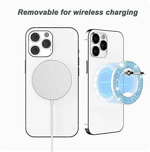 Glittering Magnetic Phone Ring Holder for Mag Safe – Ultra-Strong 2000 g Grip Compatible with i Phone 15, 14, 13, 12 Pro Max, Pro, Plus, Mini – Wireless Charging Friendly with 360° Rotation and 150° Adjustable Kickstand – Stylish Teal Design for Enhanced Functionality and Aesthetic Appeal