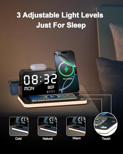 Dual 7-in-1 Wireless Charging Station for Apple Devices – Fast 33 W Dual i Phone Charger with Adjustable Touch Lighting, Bluetooth Time Sync, and Multifunctional Compatibility for i Phone 16/15/14/13/12, Apple Watch, and Air Pods – Enhanced Safety Features and User-Friendly Design