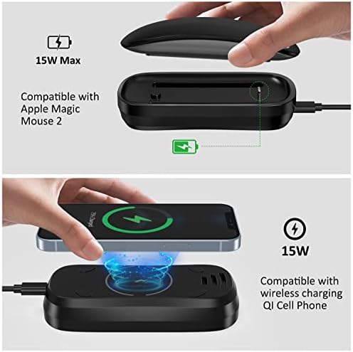 HONKID 3-in-1 Wireless Charging Dock: Fast Charging Station for Magic Mouse 2, Qi-Compatible Devices & Air Pods – Dual-Sided Design with 5 ft USB-A to USB-C Cable for Enhanced Workspace Efficiency and Sleek Aesthetic