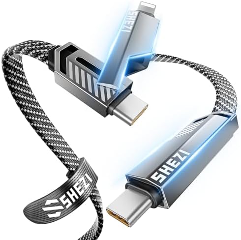SHEZI 2-in-1 USB C and Lightning Charging Cable – 180 W Fast Charging Solution with 480 Mbps Data Sync – Durable 5 FT Flat Nylon Braided Design for i Phone, i Pad, Samsung and More – Universal Compatibility for Effortless Connectivity