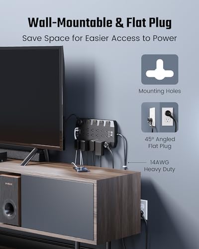 SUPERDANNY 22-Outlet Surge Protector Power Strip with 6.5 Ft Cord, 2 USB-C & 4 USB Ports – High-Capacity 1875 W/15 A with 2100 J Surge Protection for Home, Office, and Dorm Use – Wall Mount Design for Space-Saving Convenience