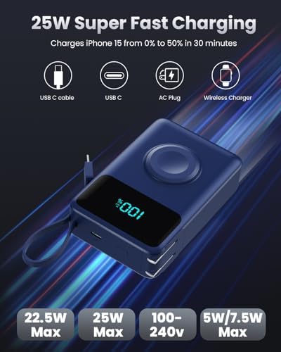 Versatile 4-in-1 Travel Charger with Integrated Wall Plug & USB-C Cables – 10800 m Ah Power Bank Featuring Magnetic Apple Watch Charging, QC4.0 & PD 25 W Fast Charging – Compact Solution for i Phone 16/15, Android Devices & More – Enhanced Portability & Smart Safety Features for On-the-Go Power