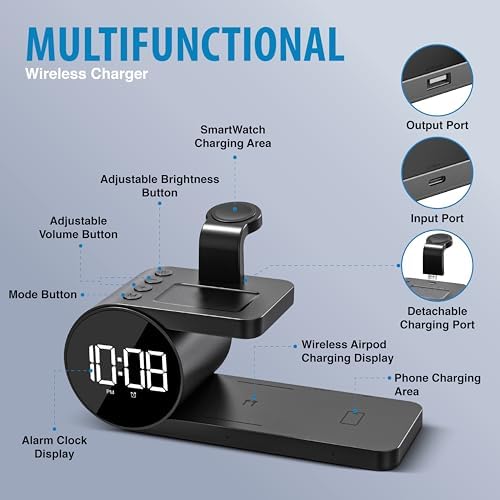 Brookstone 4-in-1 Wireless Charging Station: Elegant Multifunctional Hub for i Phone 15 to 12 Pro Max, All Apple Watch Series & Air Pods Compatibility | Fast Charging with Integrated Clock for Home or Office Use