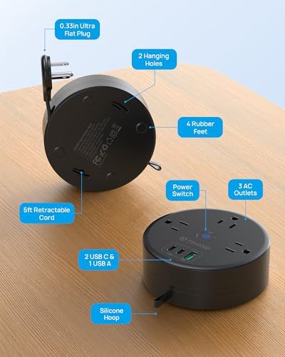 Compact TROND 20 W USB-C Travel Power Strip – Retractable 5 ft Extension Cord with 3 AC Outlets for Fast Charging, Perfect Cruise Ship Essential, Ultra-Thin Flat Plug for Home & Dorm Use – Stay Organized & Connected Anywhere