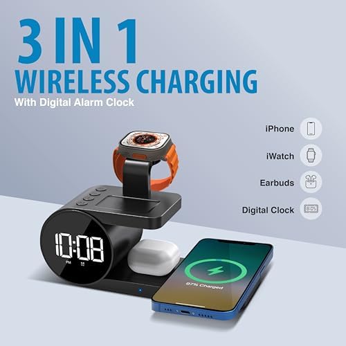 Brookstone 4-in-1 Wireless Charging Station: Elegant Multifunctional Hub for i Phone 15 to 12 Pro Max, All Apple Watch Series & Air Pods Compatibility | Fast Charging with Integrated Clock for Home or Office Use
