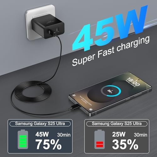 25 W Ultra-Fast USB-C Charger Block with 6.6 FT Type-C Cable for Samsung Galaxy S25/S24/S23/S22/S21/S20 & Note Series – High-Speed Charging Solution for Android Devices with Safety Features and Compact Design