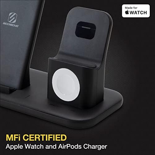 Transform Your Device Charging with Scosche CSQ3 N1-SP 3-in-1 Qi-Certified Wireless Charging Dock – Rapid Power for Smartphones, Apple Watch & Earbuds, Sleek Compact Design Ideal for Home or Office Use, Enhanced Compatibility & Cordless Convenience