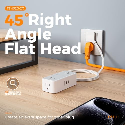 TESSAN 5 FT Flat Plug Extension Cord with 4 AC Outlets, 1 USB-C & 2 USB-A Ports – 900 Joules Surge Protector Power Strip for Home Office & Dorm Room – Maximize Charging Efficiency & Space Savings with Versatile Power Accessory