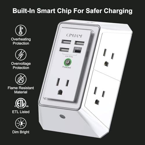 QINLIANF 5-Outlet USB Wall Charger with Surge Protection – 4 USB Ports (4.8 A Total) Power Strip Extender, 3-Sided Design for Easy Access, 1680 J Surge Defense, Compact Multi-Plug Adapter for Home, Travel, and Office Use – Elevate Your Charging Experience with Versatile Compatibility and Safety