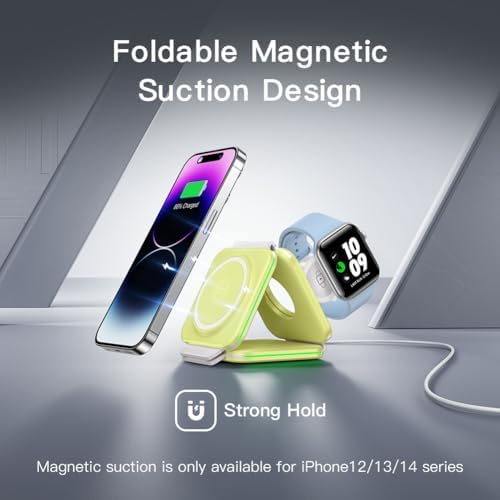 Magnetic 3-in-1 Travel Charging Station for Apple Devices – Ultra-Fast Wireless Charger for i Phone 16/15/14/13/12/Pro/Max/Mini, Air Pods Pro/Wireless, and Apple Watch Series Ultra/SE/10/9/8/7/6/5/4/3/2 – Compact Foldable Design for Ultimate Portability and Compatibility, Ideal for Busy Professionals and Travelers Seeking Efficiency and Style