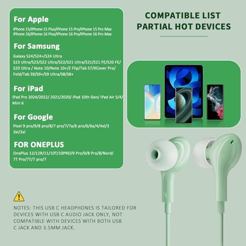 Premium USB C Earbuds for i Phone 16 & Samsung Galaxy Series – High-Fidelity Noise Cancelling Wired Headphones with Built-in Mic for Pixel 9 & One Plus 12 – Sleek Black Design for Ultimate Comfort and Clarity – Perfect for Music & Calls
