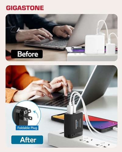 Gigastone 65 W Ga N Dual Port USB C & A Charger – Intelligent Power Allocation for Rapid Charging of Mac Book Air/Pro, Dell XPS, i Pad, i Phone 15/16, Galaxy S24 – Compact Travel Charger with Foldable Plug for Ultimate Portability