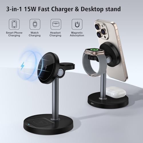 Revolutionize Your Charging Experience with the Mag-Safe 3-in-1 Wireless Charging Station – Fast 15 W Magnetic Charger for i Phone 12-16, Apple Watch, and Air Pods – Sleek Black Design Perfect for Nightstands and Desks – Ideal Gift for Tech Enthusiasts – Enhanced Compatibility for Effortless Power Management