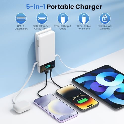 Upgrade Your Charging Experience: 13800 m Ah Portable Power Bank with Built-in Cables and Wall Plug – Fast Charging USB-C Battery Pack for i Phone 16/15/14, Samsung & Android Devices – Ultimate Travel Companion with 4 Outputs for Simultaneous Device Charging