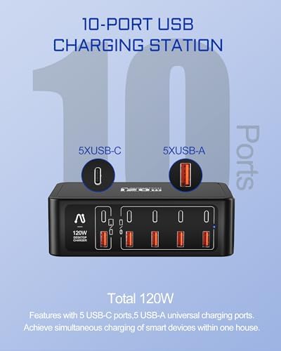 Ultimate 10-Port USB & USB-C Fast Charging Station – 120 W Multi-Device Power Hub with PD3.0 & QC3.0 for i Phone 15/14/13/12, i Pad Air/Pro, Galaxy – Sleek White Design for Home and Travel Efficiency