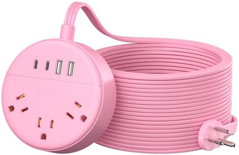Chic NTONPOWER Pink Power Strip with 5 ft Flat Extension Cord – 3 AC Outlets, 2 USB-C, 2 USB-A Ports – Wall Mountable & Space-Saving Design for Home, Dorm & Travel – Enhanced Charging Compatibility for Stylish Electronics Management