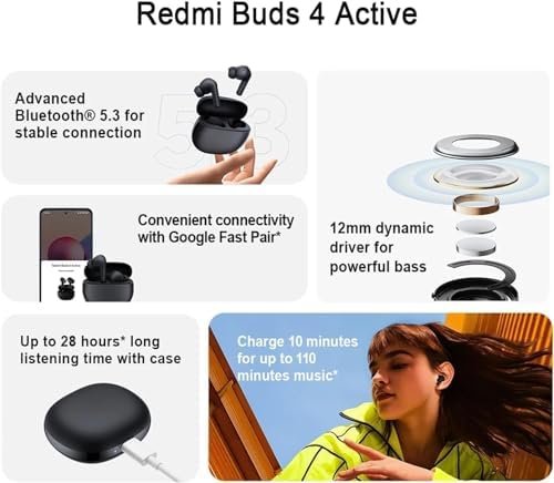 Xiaomi Redmi Buds 4 Active TWS Earbuds – Bluetooth 5.3 Low-Latency Gaming Headset with AI Noise Cancelling, IP54 Waterproof Design, 28 Hours Playtime, and Lightweight Comfort for Ultimate Audio Performance – Perfect for Music and Gaming Enthusiasts