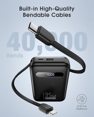 Ultimate 20,000 m Ah Energy QC Power Bank: 35 W PD 3.0 & QC 4.0 Ultra-Fast Charging Portable Charger with Dual Built-In Lightning & USB-C Cables for i Phone 16/15/14, Galaxy S24, i Pad, Air Pods – All-Day Power & 4-Device Charging with Smart LED Display for Travel & Emergencies