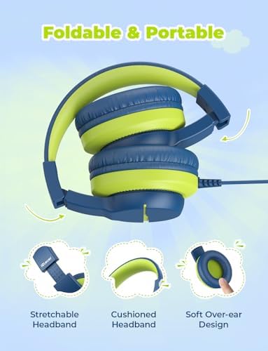 i Clever Kids Headphones: Safe 85 d B Volume-Limited Over-Ear Stereo Sound for Children – Foldable, Lightweight, and Compatible with i Pads and Computers for Easy Travel and Learning