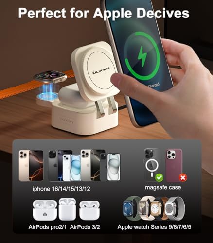 2025 3-in-1 Magnetic Wireless Charging Station for Apple Devices – Fast 15 W Mag Safe Charger with Retractable Cable and Foldable Stand for i Phone 16/15/14/13/12 Pro Max, Apple Watch, and Air Pods – Ultimate Portability and Enhanced Safety Features