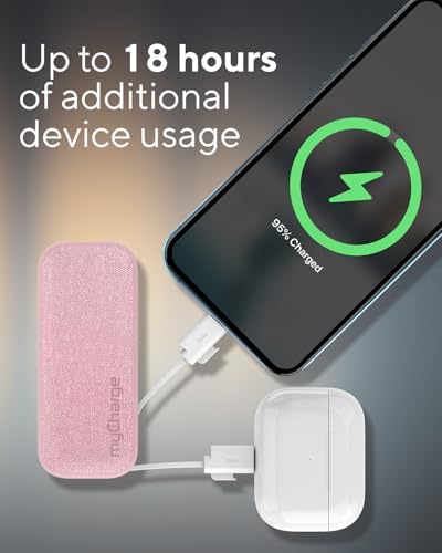 Compact Pink my Charge Power Hub Mini Portable Charger – 3000 m Ah Fast Charging Power Bank with Built-in Lightning & Type C Cables for On-the-Go Charging – Turbo USB C Technology for Enhanced Compatibility and Efficiency