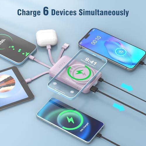 Ultra-Sleek 10000 m Ah Wireless Magnetic Power Bank – Fast Charging Portable Charger with Built-in Cables & LED Display – Compatible with i Phone 16/15/14/13/12/Pro/Mini/Pro Max (Purple) – Convenient On-the-Go Power Solution with Integrated Stand and Mag-safe Technology