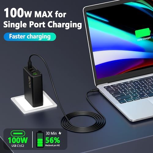 Powerful 100 W Ga N USB-C Charging Hub – 4-Port Multi-Device Charger for Laptops, Tablets, and Smartphones – Swift Compatibility with Mac Book Pro/Air, i Pad Pro, Galaxy S23, Pixelbook, and More – Advanced Safety Features with 6 ft Cable Included – Elevate Your Charging Experience with Intelligent Protection and High-Speed Performance