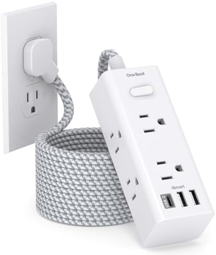 25 Ft Heavy-Duty Extension Cord with Surge Protection – One Beat Flat Plug Power Strip Featuring 6 Outlets & 3 USB Ports (Including USB-C) for Ultimate Device Connectivity in Home, Office, or Dorm Room – Enhanced Flexibility and Rapid Charging Solution