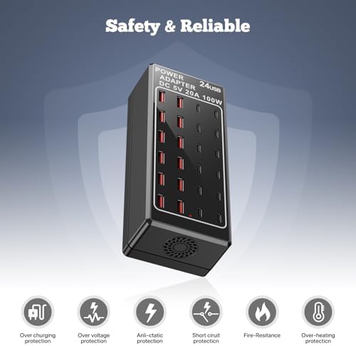 24-Port USB Charging Hub with 100 W Fast Charge Capability – Multi-Device Desktop Station with 12 USB-A & 12 USB-C Ports for Rapid Power Delivery to i Phone, i Pad, Samsung Galaxy, Laptops, and More – Space-Saving Design Ideal for Home or Office Use