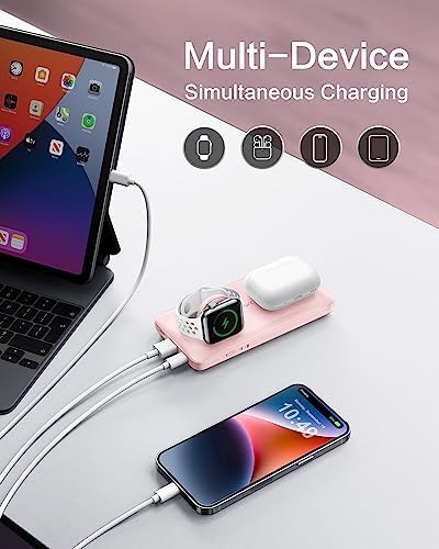 VRURC 10000 m Ah Magnetic Portable Charger – 3-in-1 Fast Wireless Charger for i Phone 14/13/12 Series, Apple Watch & Air Pods – 22.5 W Quick Charge Power Bank in Stylish Pink – Ultimate On-the-Go Charging Solution with Enhanced Compatibility