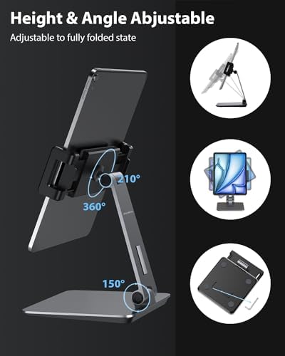Maxonar Premium Heavy-Duty 360° Swivel Tablet Stand – Ergonomic Adjustable Aluminum Alloy Holder for Enhanced Stability & Charging – Foldable Design for 6-13″ Devices, Perfect for Home, Office, or Retail Use – Modern Sleek Grey Finish for Contemporary Spaces
