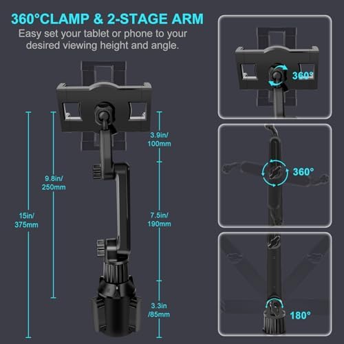 Versatile Cup Holder Tablet Mount for Trucks – 360° Rotating 15″ Dual-Arm Stand for i Pad Pro, Samsung Galaxy Tab, and i Phone | Enhanced Stability & Universal Compatibility for Hands-Free Navigation and Entertainment