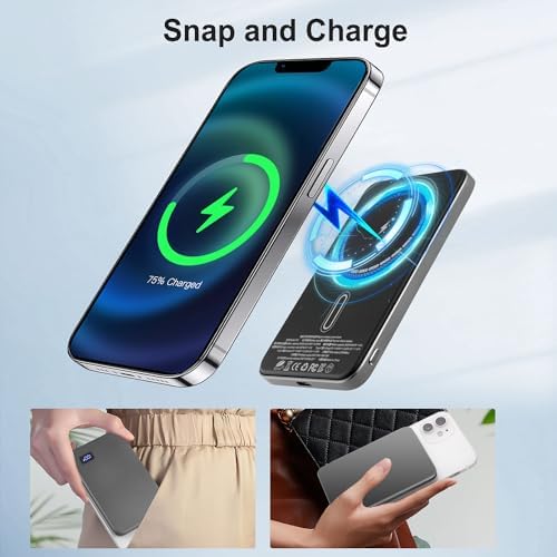 Ultra-Slim Magnetic 5000 m Ah Portable Charger – 15 W Fast Wireless Charging Power Bank for i Phone 15/14/13/12 Pro/Pro Max/Plus & USB-C Compatibility – LED Battery Monitor for Effortless On-the-Go Power