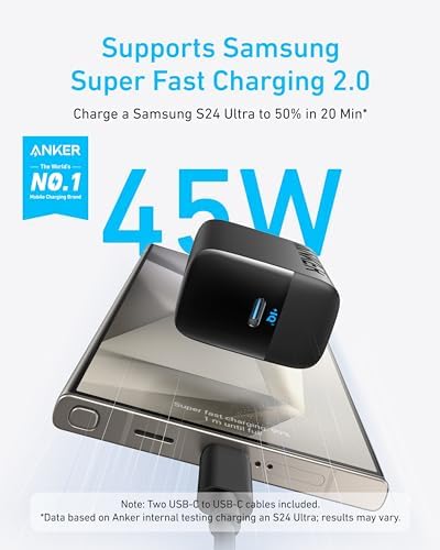 Anker 45 W USB-C Fast Charger with 5 ft Cable – Advanced PPS Technology for Rapid Charging of i Phone 16/15, i Pad, and Galaxy S24 Ultra – Optimal Device Protection and Travel-Friendly Design for Home and On-the-Go Charging