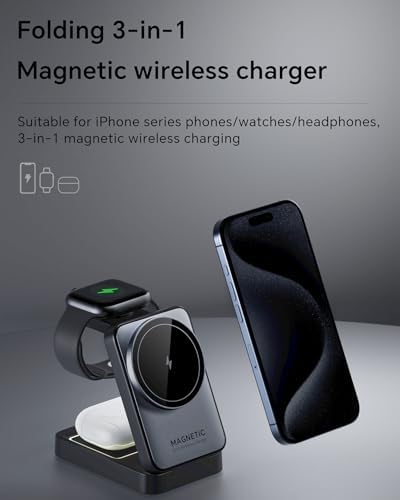 2025 Enhanced 3-in-1 Magnetic Wireless Charger: Foldable Nightlight Charging Station for i Phone, Apple Watch, and Air Pods – Ultimate Travel Companion with Mag Safe Compatibility and Rapid Charging Efficiency