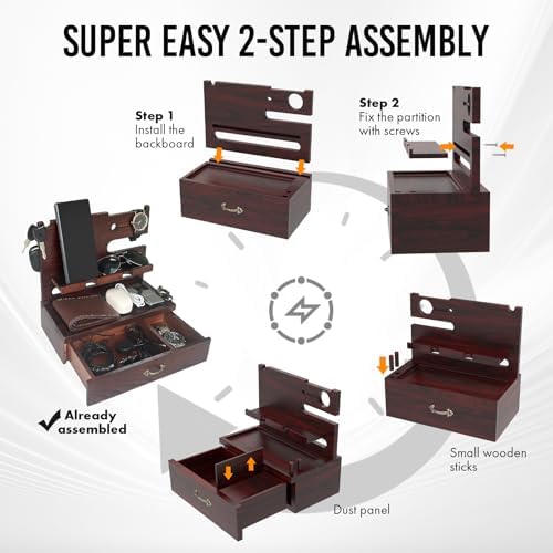 Premium Wooden Docking Station for Men – Multifunctional Desk Organizer with Storage Drawer, Dual Phone Stand & Integrated Watch Charger – Perfect Gift for Husband, Dad, or Boyfriend – Elevate Your Workspace with Style and Efficiency